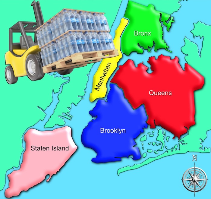 Map of NYC highlighting the 5 broughs: Manhattan, Staten Island, Bronx, Brooklyn, and Queens