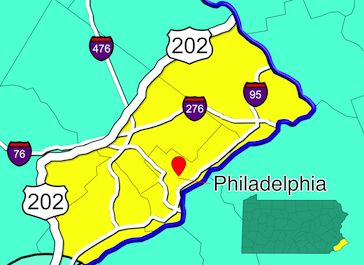 Map highlighting South Eastern Pennsylvania east of route 202